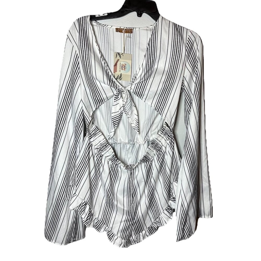 NWT Copper Closet Romper Striped Open Stomach Tie Up Breast Bell Sleeves Sz M